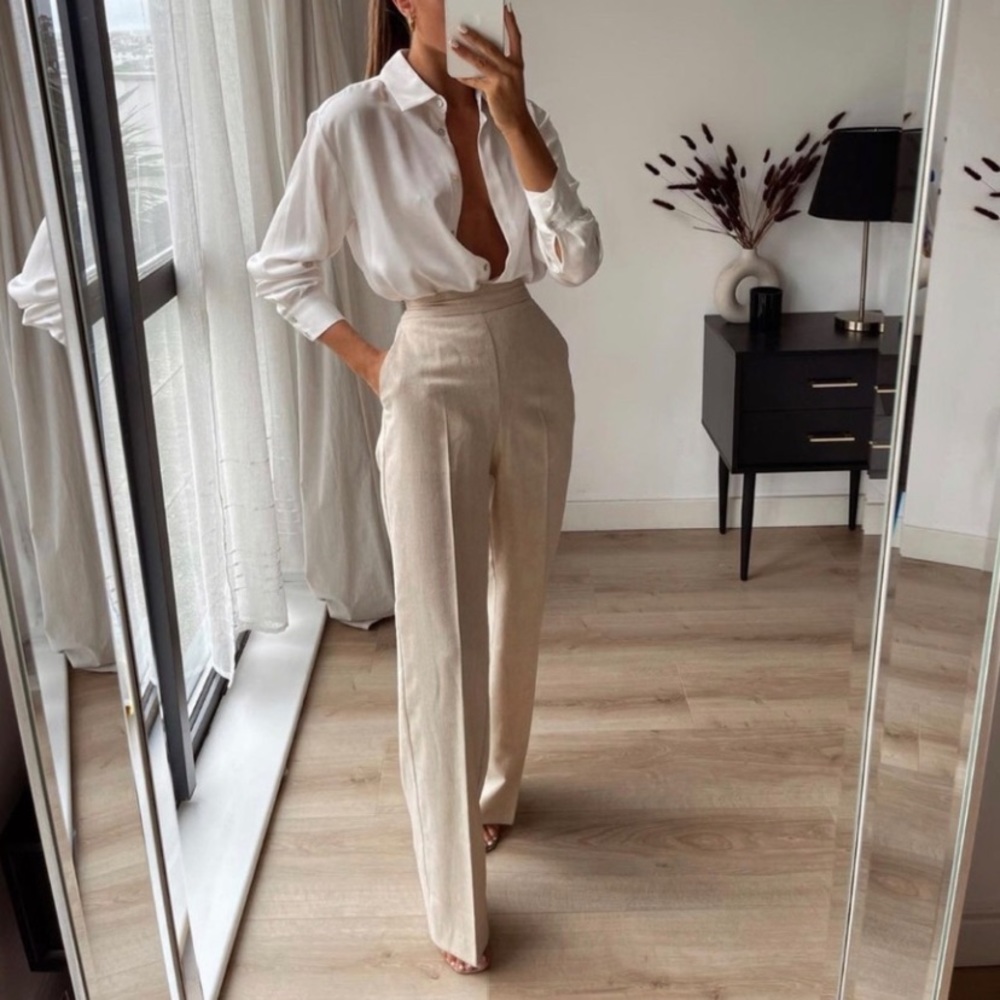 Zara Linen Look Rustic Wide Leg Pant Small NWT